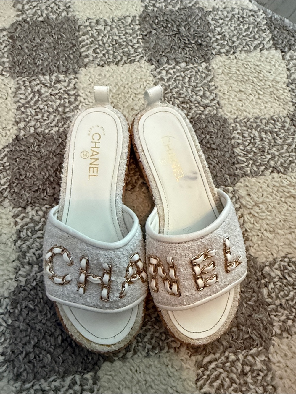 CHANEL White Tweed Slide Mules with Gold Chain Lettering